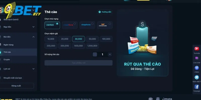Rút tiền 9BET qua thẻ cào