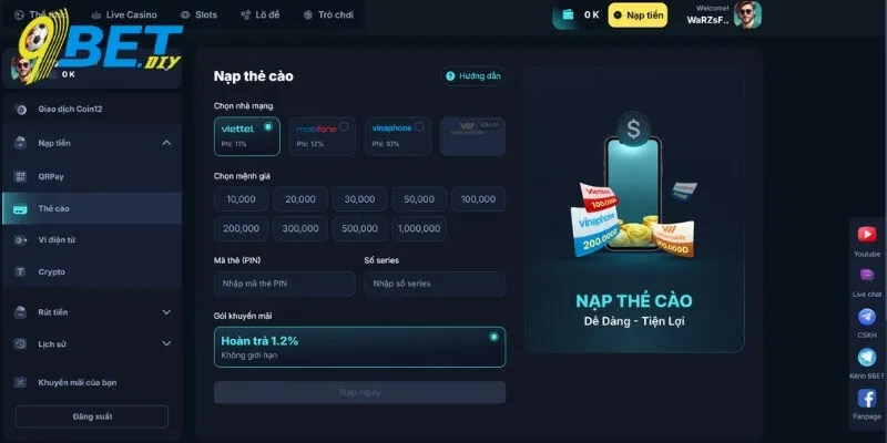 Chi tiết quy trình nạp tiền 9BET đơn giản